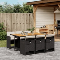 7 Piece Garden Dining Set with Cushions Black Poly Rattan