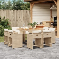 9 Piece Garden Dining Set with Cushions Beige Poly Rattan