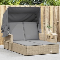 Double Sun Lounger with Canopy and Cushions Mix Beige Poly Rattan