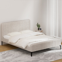 Bed Frame Queen Bed Base w Headboard Beige Fabric Wooden Slats Metal Legs