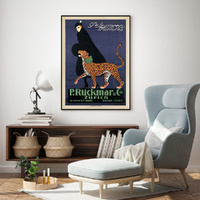 Woman Walking Leopard Vintage Black Frame Canvas Wall Art