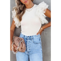 Azura Exchange Dotty Mesh Ruffle Sleeve Ribbed Knit Top
