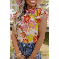Azura Exchange Floral Flutter Sleeves Stand Collar Top