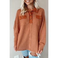 Azura Exchange Button Contrast Trim Waffle Knit Top