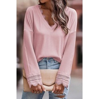 Azura Exchange Ribbed Texture Lace Trim V Neck Long Sleeve Top
