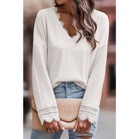 Azura Exchange White Ribbed Texture Lace Trim V Neck Top