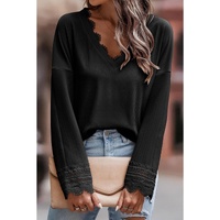 Azura Exchange Ribbed Texture Lace Trim V Neck Long Sleeve Top