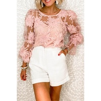 Azura Exchange Mesh Top with Ruffled Sleeves and Floral Detailing