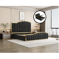 King Size Elegant Luxury Bedframe with Gas Lift Storage Charcoal Velvet Fabric Golden Trim