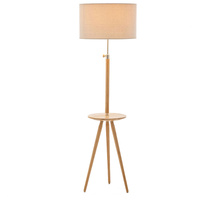 165cm Large Extendable Bamboo Tripod Floor Lamp Linen Shade Shelving