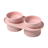 24x Ribbed Ceramic Double Pet Bowl 3pc Set - Pink