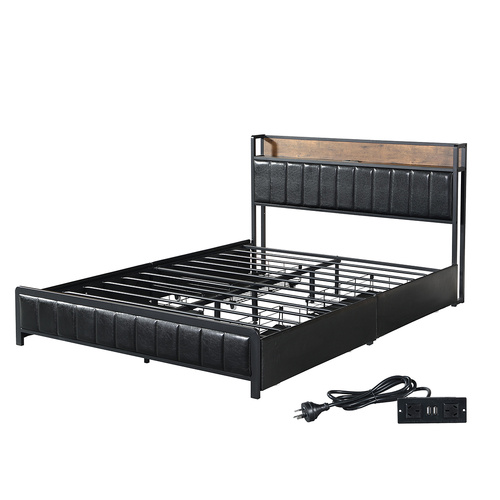 Queen Bed Frame PU 4 Drawer USB Charge - Model-5CD3F0