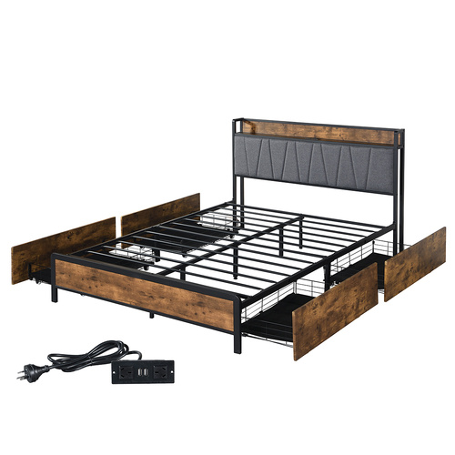 Queen Bed Frame Soft Storage Drawers Headboard USB Charge - Model-A05075