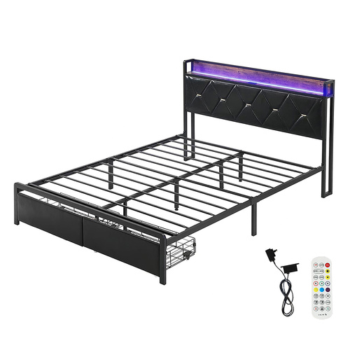 Queen Metal Bed Frame LED Lights 2 Drawers - Model-A7B695