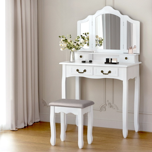 Dressing Table Stool Set Foldable Mirror White