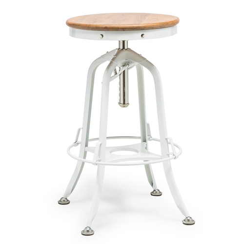White Bar Stool Hamptons Style Height Adjustable and Swivel with Natural Wood Top